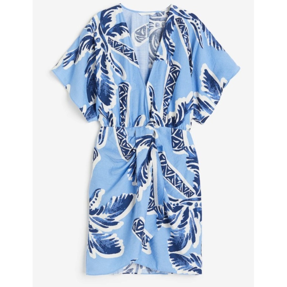 H&M Blue Tropical Palm Print V Neck‎ Mini Wrap Dress Med Resort Beach Boho Chic